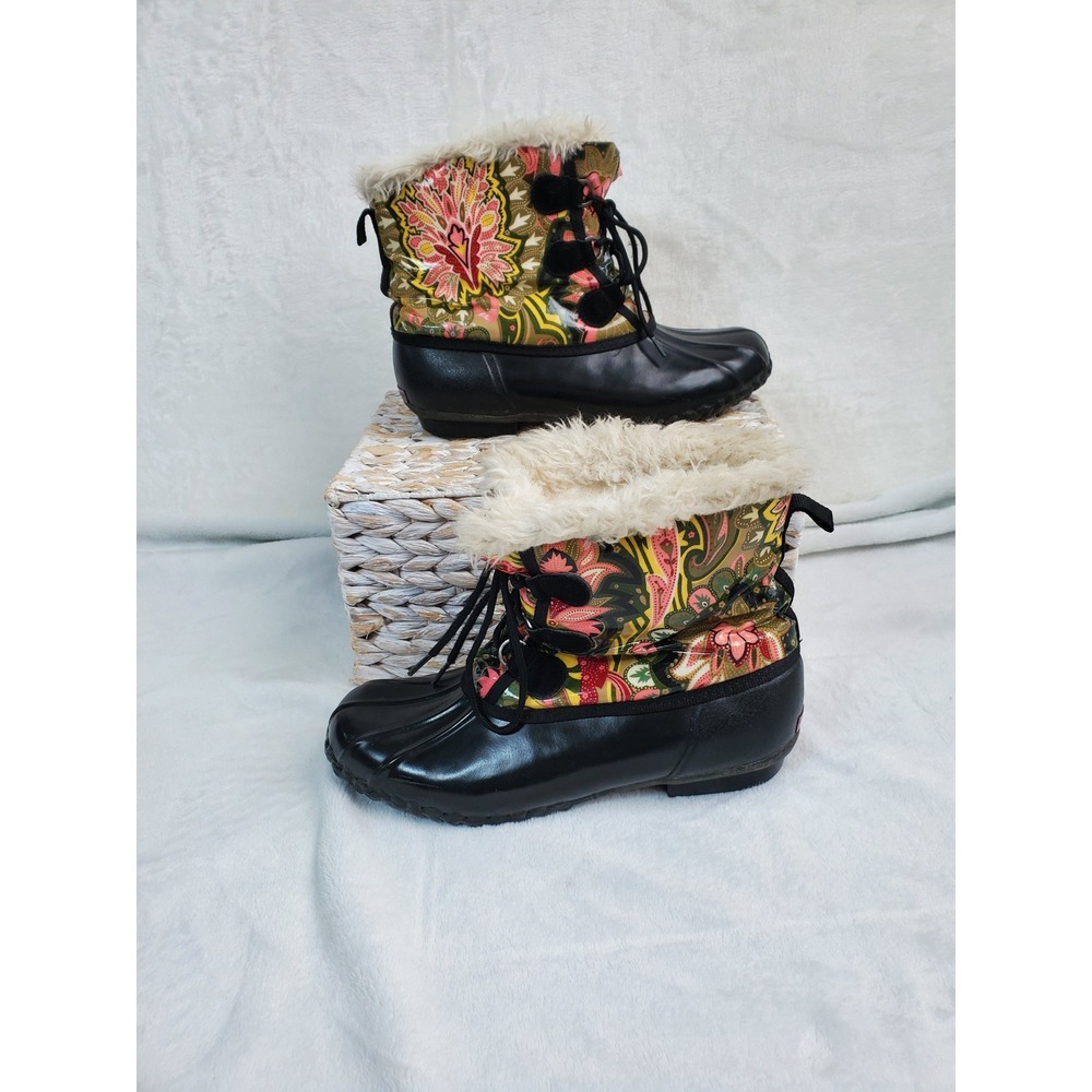Sporto Paisley Funky Floral Duck Boots 70s Boho Faux Fur 10M Eclectic Cottage